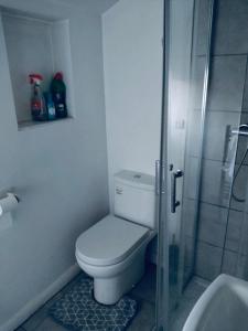 a white bathroom with a toilet and a shower at Sandhurst guest house in Bedford
