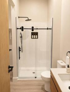a bathroom with a shower with a toilet and a sink at The Post Hotel in Renfrew +88 photos