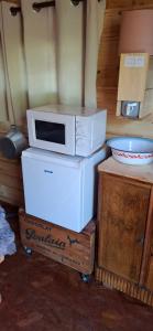 a microwave oven sitting on top of two boxes at La Cabane du Trappeur in La Bourgonce