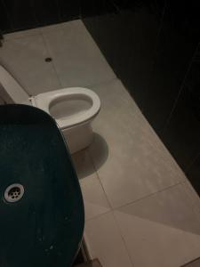 a toilet with a green seat in a bathroom at Salo in Georgetown
