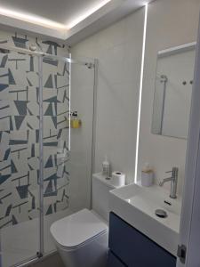 a bathroom with a toilet and a shower and a sink at Alborada in Corcubión