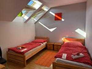 two beds in a room with skylights at Byron in Zlaté Moravce
