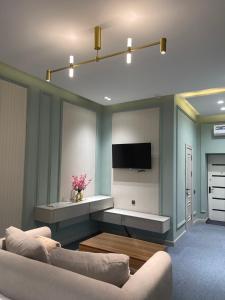 a living room with a couch and a flat screen tv at Bed&Pillow HOSTEL 1 in Tashkent