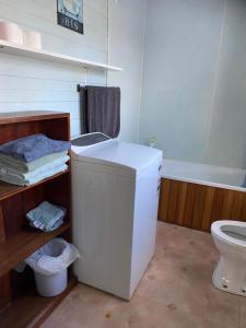 a white bathroom with a toilet and a sink at Waitomo Farmstay - Rimu Cottage 2 in Waitomo Caves