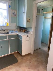 a kitchen with a sink and a refrigerator at Waitomo Farmstay - Rimu Cottage 2 in Waitomo Caves +8 photos