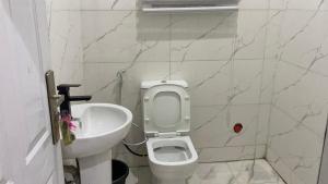 a bathroom with a white toilet and a sink at Zemira Apartments in Abuja +13 photos