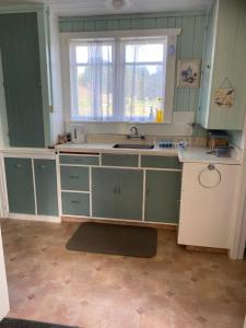 a kitchen with green cabinets and a sink and a window at Waitomo Farmstay - Rimu Cottage 2 in Waitomo Caves
