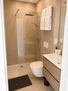 a bathroom with a shower and a toilet and a sink at Spacious Apartment 1BR with Sofa bed near Atomium, Expo 12 and ING Arena in Wemmel
