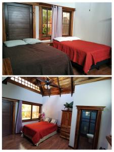 two pictures of a bedroom with two beds and a room with windows at PEDACITO DE CIELO in Santiago Atitlán