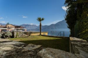 a view of the ocean and a palm tree at Family Lake Apartment by Rent All Como in Mezzegra