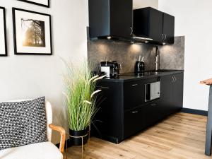 a kitchen with black cabinets and a couch in a room at The Jade Elegant apartment with balcony in Spa