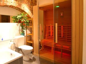 a bathroom with a shower and a toilet and a sink at Stylish Duplex with Sauna in Modave +33 photos