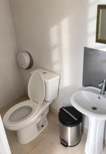 a white bathroom with a toilet and a sink at Finca LA HERMOSA in Guzmán