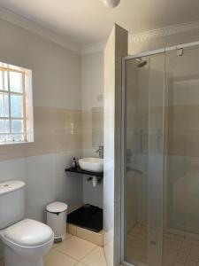 a bathroom with a shower and a toilet and a sink at Royal Homes in Lilongwe +5 photos