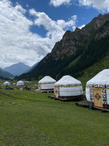 a group of tents in a field with mountains at Kerben Yurt Camp Arashan in Mineralʼnyy Istochnik Altyn-Arasan