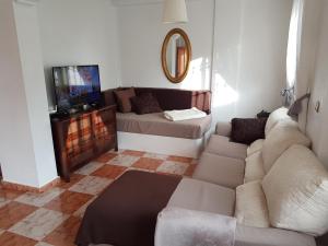 una sala de estar con un sofá y una cama en Aalia villa, en Villacosta