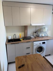 a kitchen with a sink and a washing machine at Hostel 1869 in Karakol +3 photos