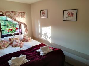a bedroom with a bed with pillows and a window at Młyn in Chodecz