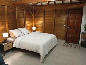 a bedroom with a bed and a wooden wall at Lodge de Charme Vue Imprenable in Le Robert