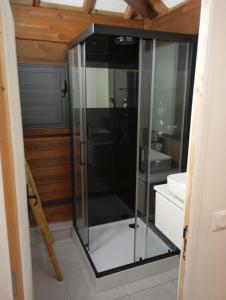a glass shower in a bathroom next to a sink at Lodge de Charme Vue Imprenable in Le Robert
