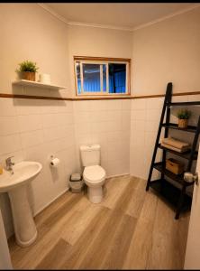 a bathroom with a toilet and a sink at Hostal Casa Trancura in Pucón