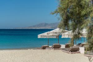 a group of chairs and umbrellas on a beach at Casa Di Flora in Agios Prokopios
