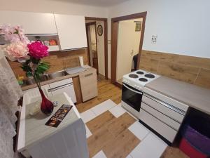 a kitchen with a vase of flowers on a table at Tom & Jerry - Family Apartment in Pottendorf