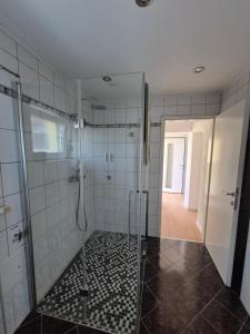 a bathroom with a shower with a glass door at Panzers Ferienwohnungen in Asparn an der Zaya +19 photos