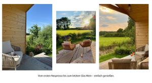 a collage of three pictures of a porch with furniture at 110 Tiny House mit traumhaftem Blick über die Wiese in Bleckede
