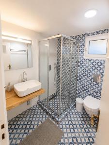 a bathroom with a shower and a toilet and a sink at Villa Keren in Oropos +17 photos