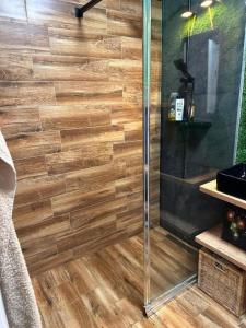 a bathroom with a shower with a wooden wall at Golf Green Resort - Hesperus 2 in Hrubá Borša
