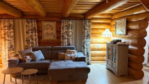 a living room with a couch and a table at Wolf's House in Gura Râului