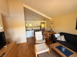 a living room with a couch and a kitchen at Bortelidseter in Åseral