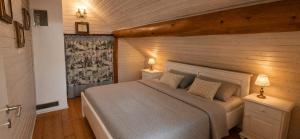 a bedroom with a bed and two lamps on tables at Wolf's House in Gura Râului