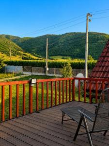 a wooden deck with a chair and a table on it at Wolf's House in Gura Râului