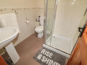 a bathroom with a shower and a toilet and a sink at The Sperrin Getaway in Omagh +17 photos
