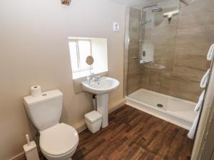 a bathroom with a toilet and a sink and a shower at Ewe Cottage in Ripon +15 photos