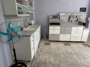 a kitchen with a fan in the middle of a kitchen at La Terrazza in Tirana +14 photos