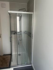 a shower with a glass door in a bathroom at Le Cocoon - 2mn gare SNCF, hyper centre, WIFI-NETFLIX in Niort