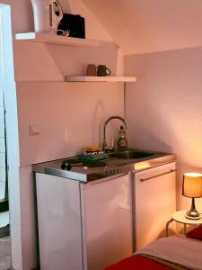 a small kitchen with a sink in a room at Apartmenthaus Schlanow in Detmold