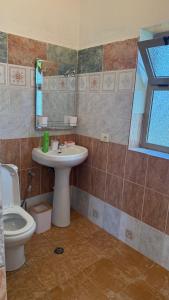 a bathroom with a sink and a toilet and a mirror at Hotel Engjell in Pogradec +41 photos