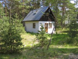a small white house in the middle of a forest at Fårö stonehouse in Fårö