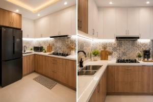 a kitchen with wooden cabinets and a black refrigerator at 2BR Sunset View House in Coron Town Proper in Coron