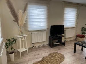 a living room with a television and a table at Tamme maja - Oak Tree House with big terrace and balcony in Tapa