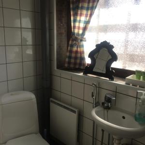 a bathroom with a toilet and a sink and a window at Linkkumylly Cottages in Mäntyharju +53 photos