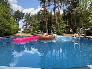 a large swimming pool with a pool toy in the middle at Forest Villa in Susiec
