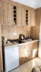 a kitchen with wooden cabinets and a white dishwasher at Apartments Skadar Lake in Vranjina