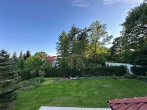 a yard with a large lawn with trees and bushes at Anna Maria in Łomianki