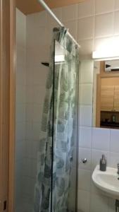 a bathroom with a shower curtain and a sink at La petite maison 34 in Waulsort