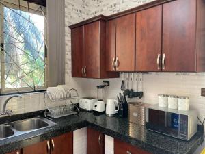 a kitchen with wooden cabinets and a counter top at Mukisa Apartments in Kampala